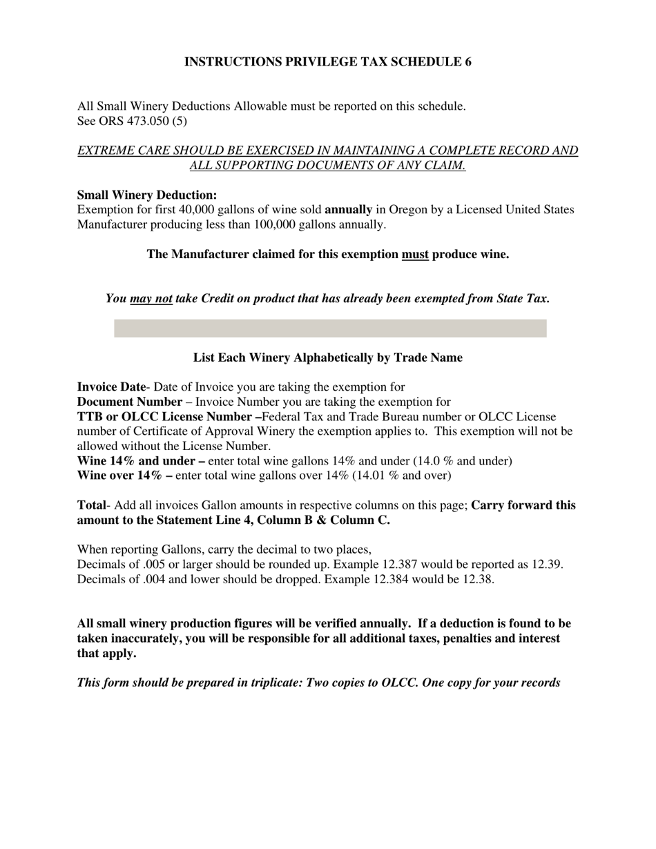 Form PT6 Schedule 6 Statement of Small Winery Deductions Allowed by Law - Oregon, Page 2
