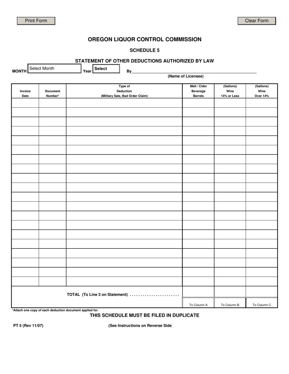 Form PT5 Schedule 5 Statement of Other Deductions Authorized by Law - Oregon, Page 1