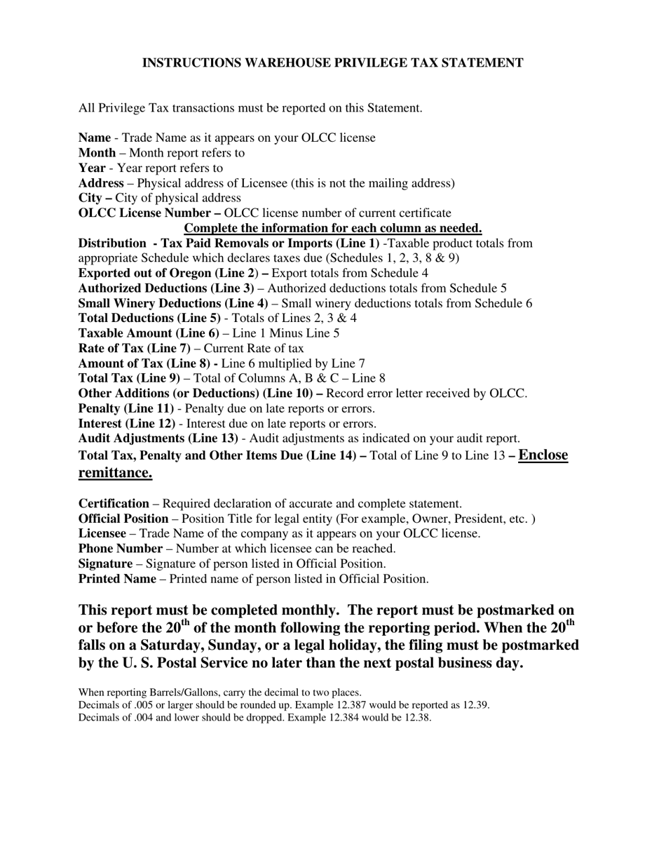 Warehouse Privilege Tax Statement - Oregon, Page 2