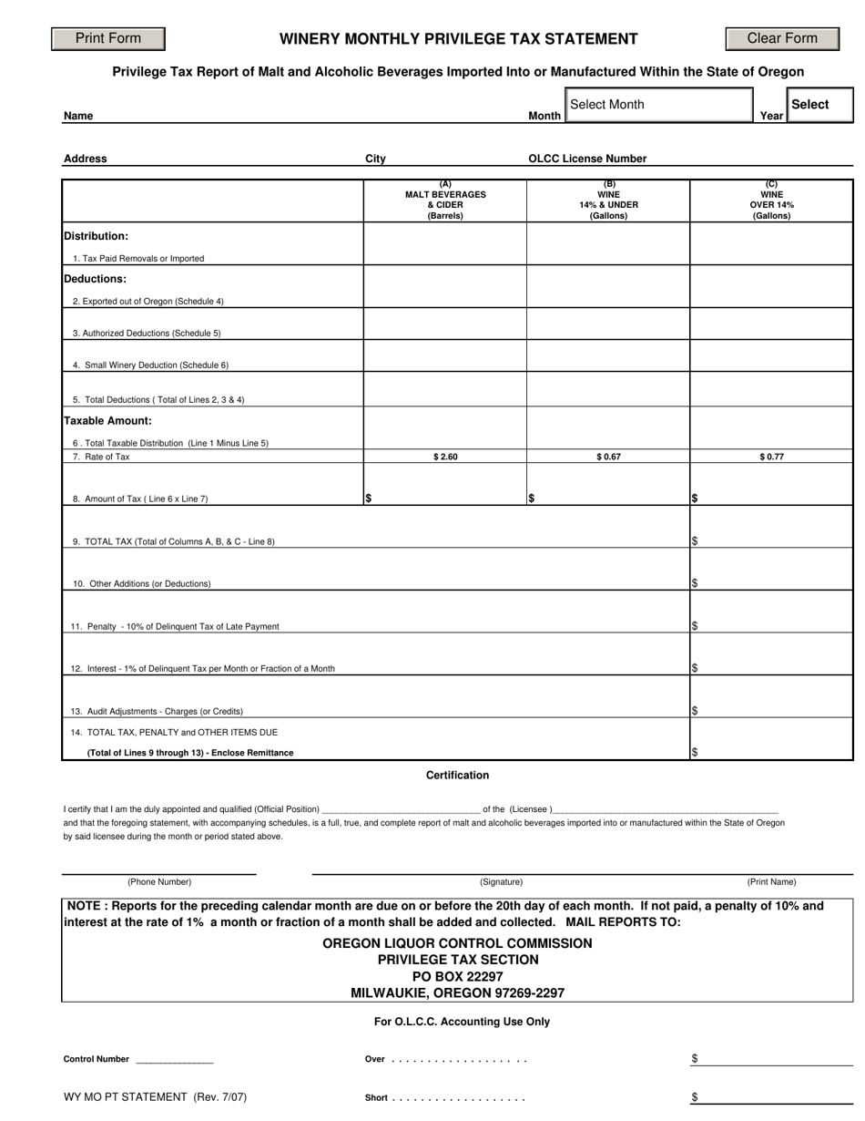 Winery Monthly Privilege Tax Statement - Oregon, Page 1