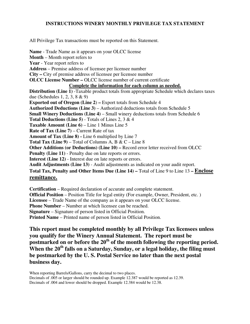 Winery Monthly Privilege Tax Statement - Oregon, Page 2