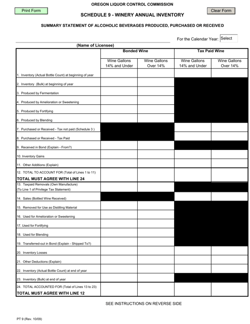 Form PT9 Winery Annual Inventory - Summary Statement of Alcoholic Beverages Produced, Purchased or Received - Oregon
