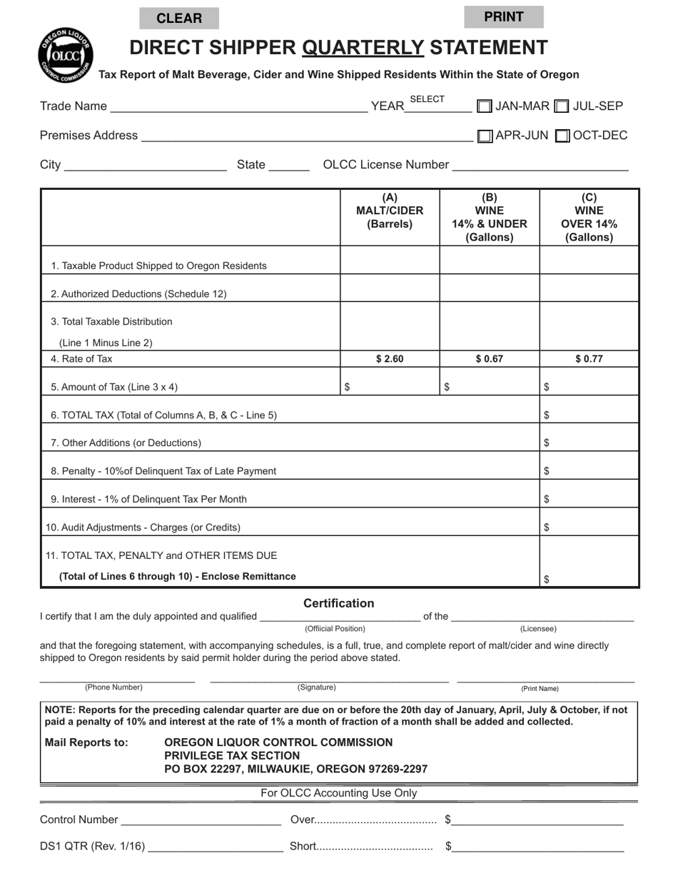 Form DS1 QTR Direct Shipper Quarterly Statement - Oregon, Page 2