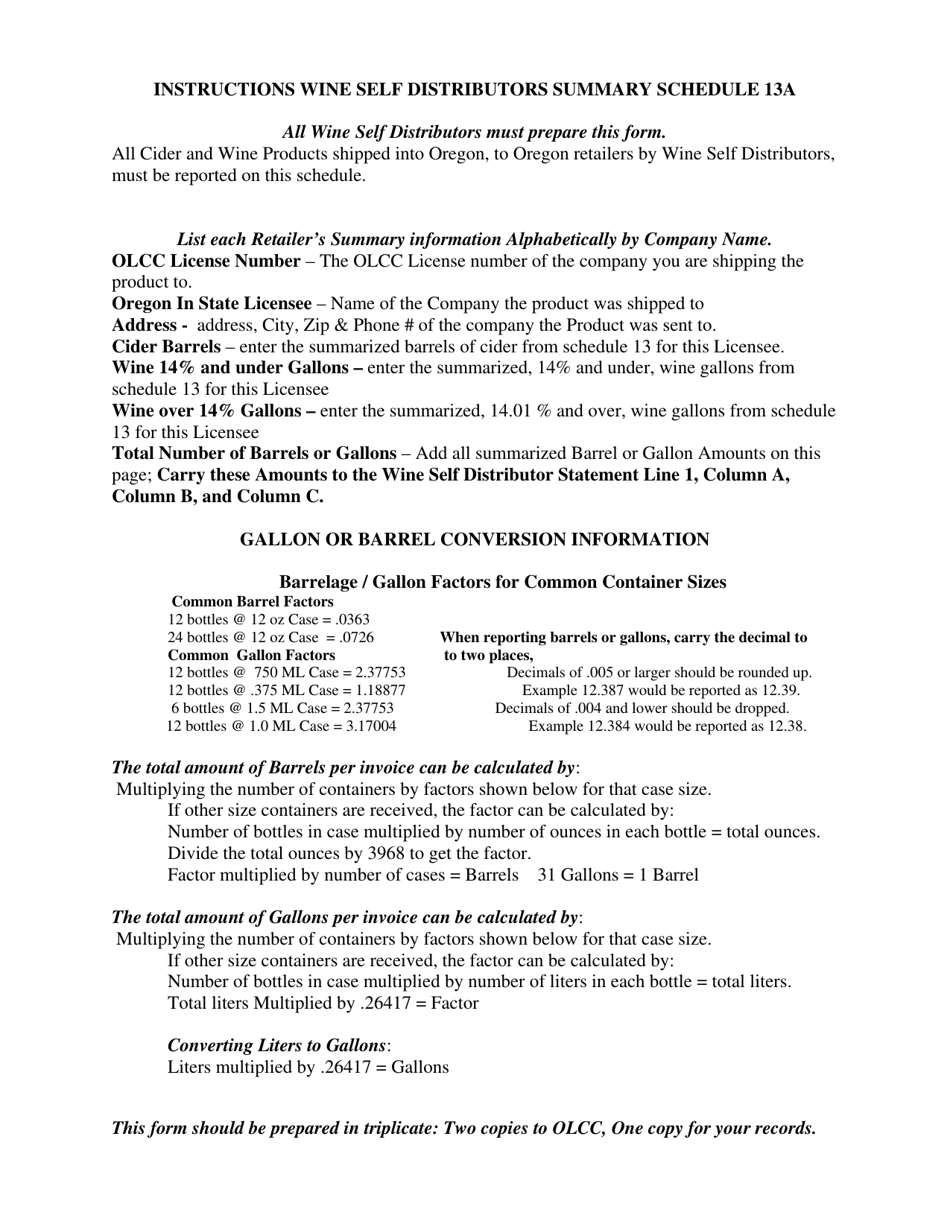 Form WSD13A Schedule 13A Summary Statement of Cider and Wine Self Distributed to Oregon Retail Licensees - Oregon, Page 2