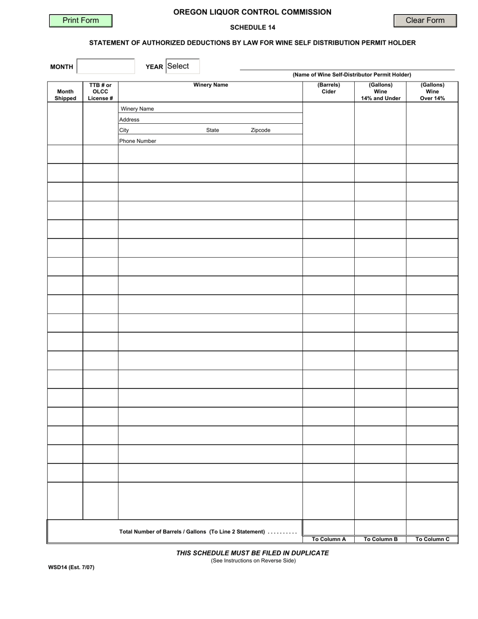Form WSD14 Schedule 14 Statement of Authorized Deductions by Law for Wine Self Distribution Permit Holder - Oregon, Page 1