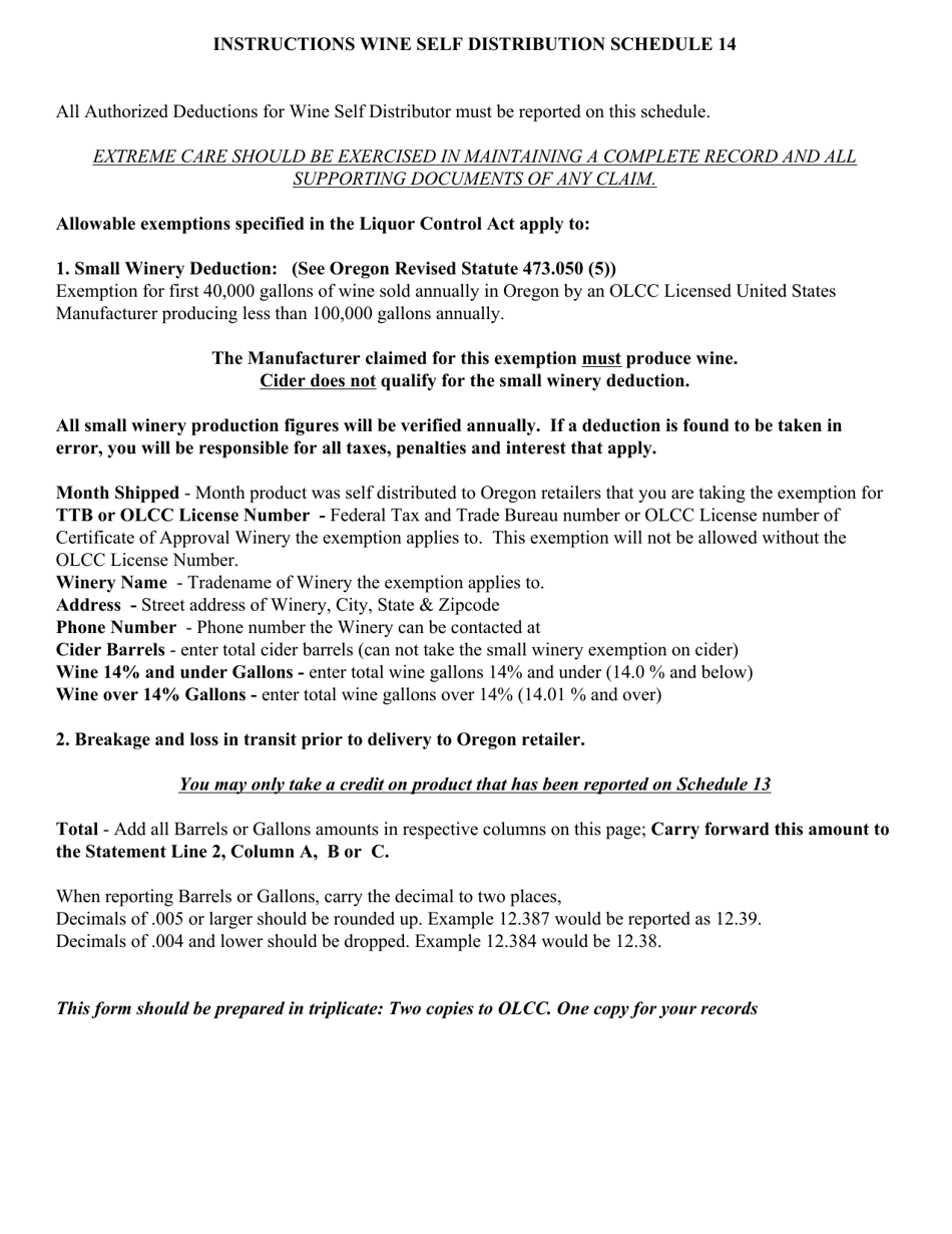 Form WSD14 Schedule 14 Statement of Authorized Deductions by Law for Wine Self Distribution Permit Holder - Oregon, Page 2