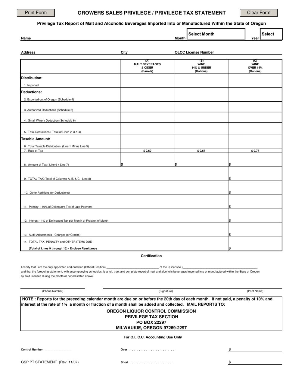Oregon Growers Sales Privilege/Privilege Tax Statement Fill Out, Sign