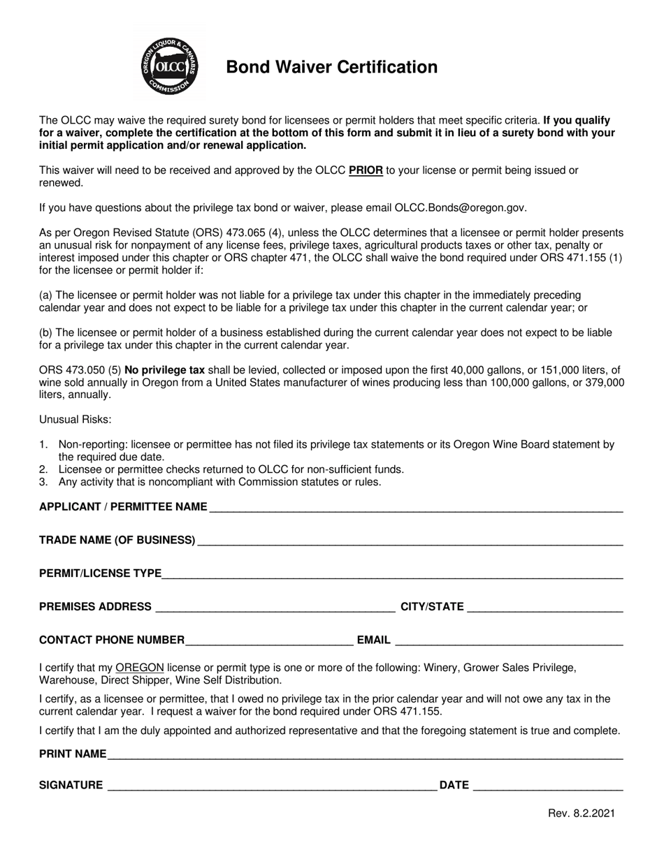 Bond Waiver Certification - Oregon, Page 1