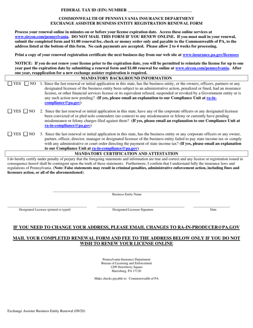 Exchange Assister Business Entity Registration Renewal Form - Pennsylvania