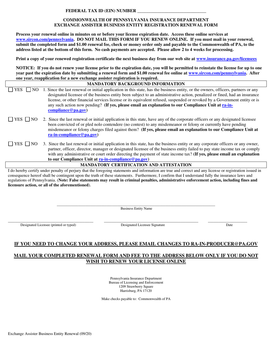 Exchange Assister Business Entity Registration Renewal Form - Pennsylvania, Page 1