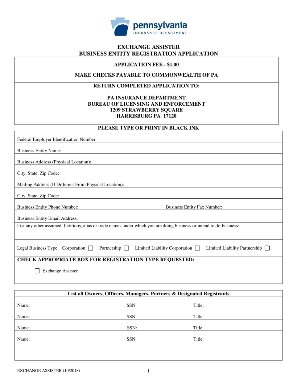 Exchange Assister Business Entity Registration Application - Pennsylvania, Page 1