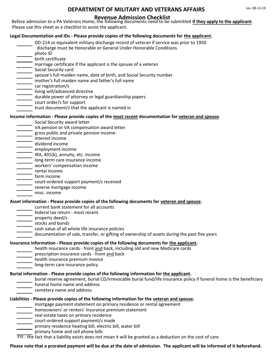 Pennsylvania Revenue Admission Checklist Fill Out, Sign Online and Download PDF Templateroller