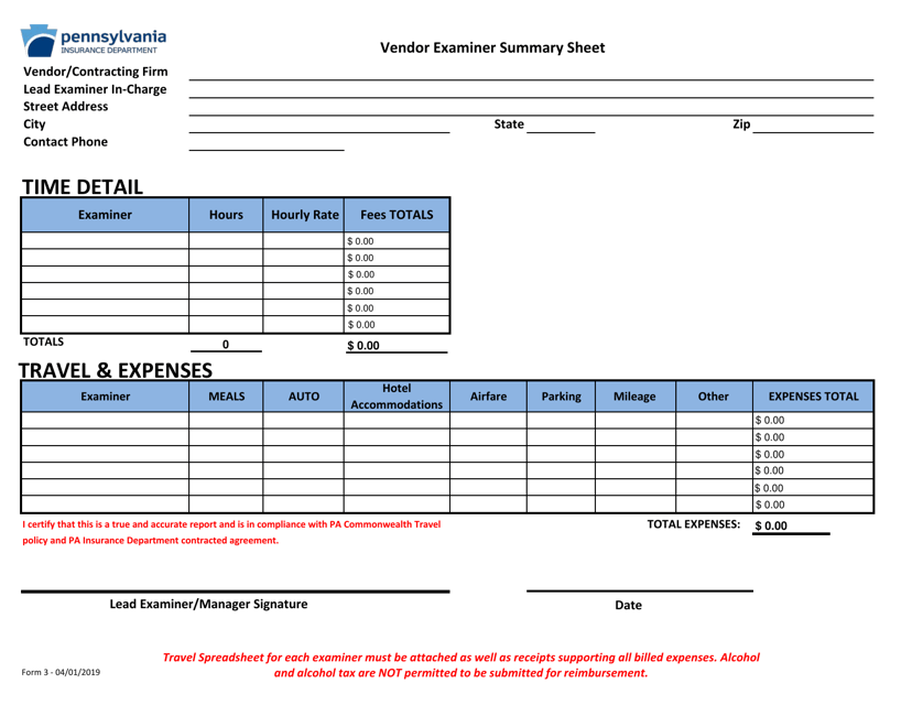 Form 3 Vendor Examiner Summary Sheet - Pennsylvania