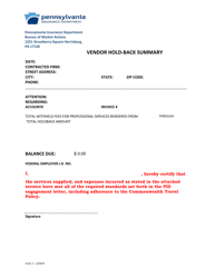 Document preview: Form 1 Vendor Hold-Back Summary - Pennsylvania