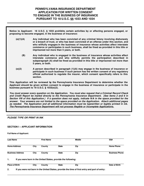 Application for Written Consent to Engage in the Business of Insurance - Pennsylvania Download Pdf