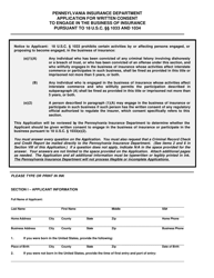 Application for Written Consent to Engage in the Business of Insurance - Pennsylvania