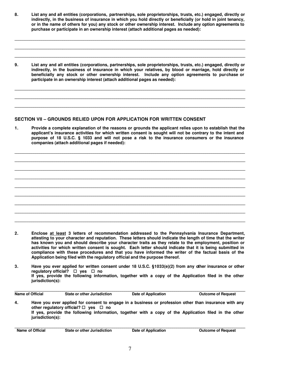 Application for Written Consent to Engage in the Business of Insurance - Pennsylvania, Page 7