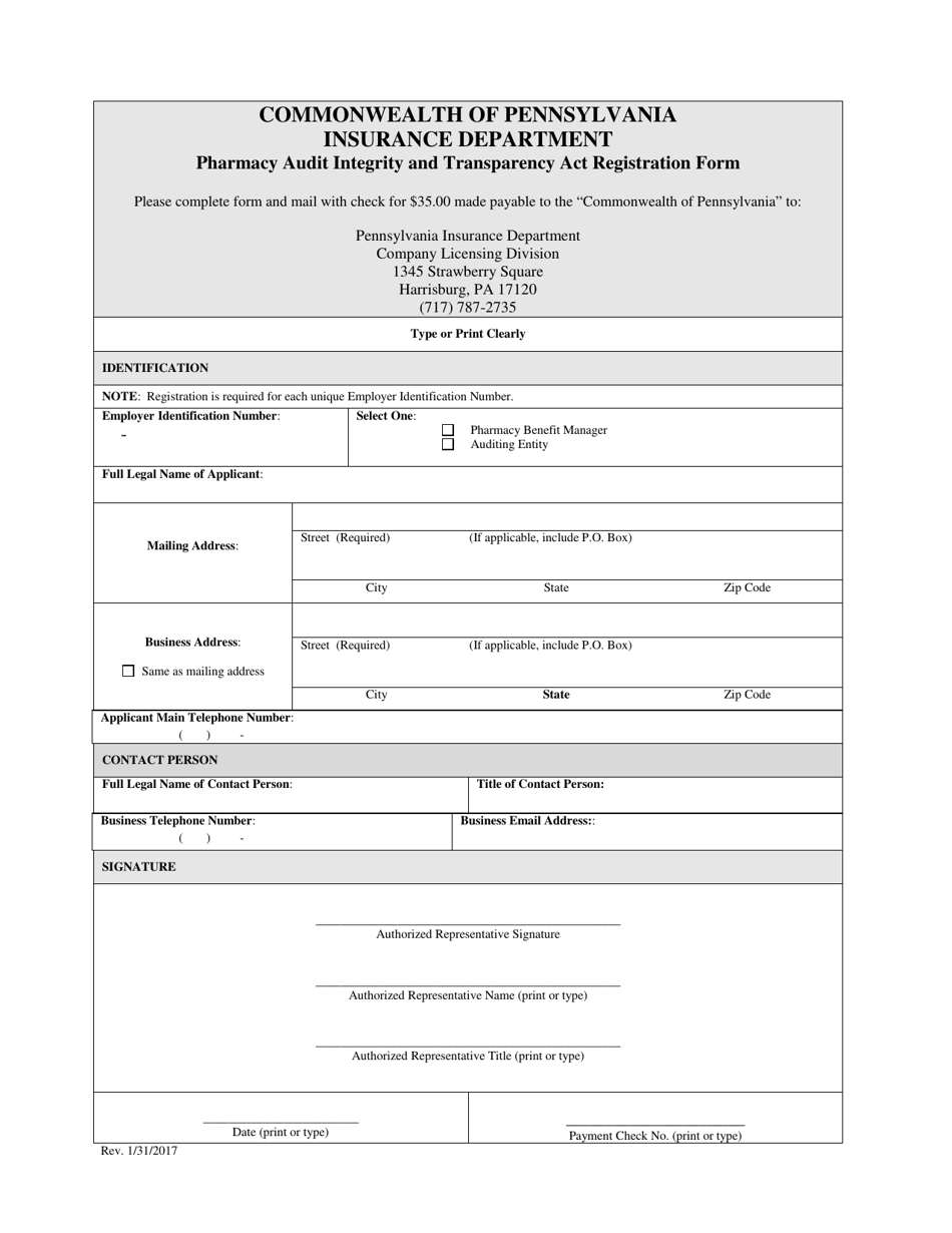 Pharmacy Audit Integrity and Transparency Act Registration Form - Pennsylvania, Page 1