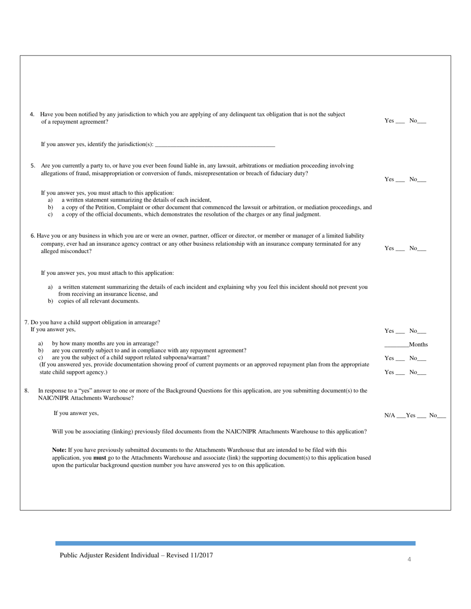 Public Adjuster Application - Resident Individual - Pennsylvania, Page 4