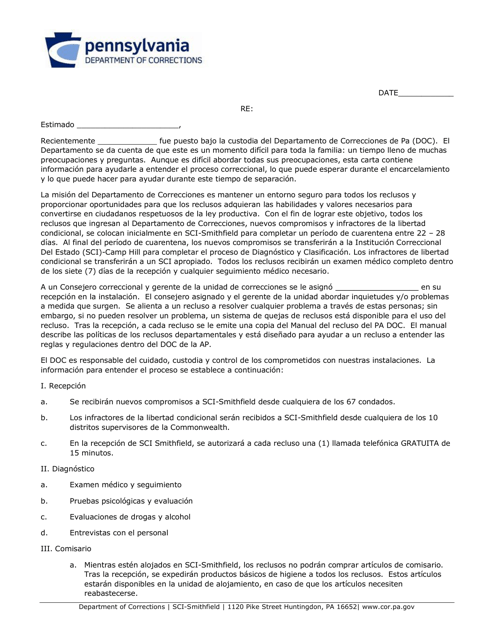 Inmate Reception Letter - Pennsylvania (Spanish) Download Pdf