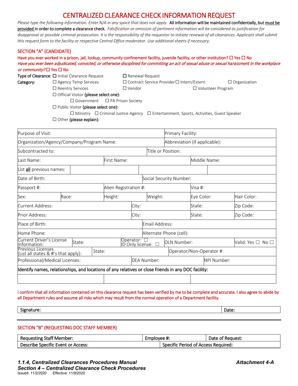 Attachment 4-A Centralized Clearance Check Information Request - Pennsylvania, Page 1