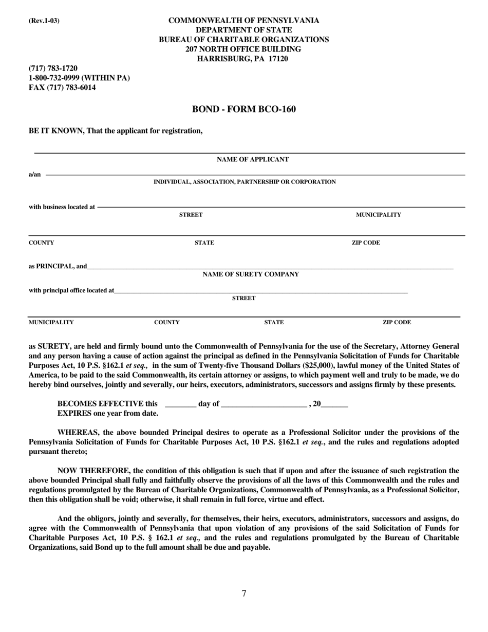 Form BCO-160 Bond - Pennsylvania, Page 1