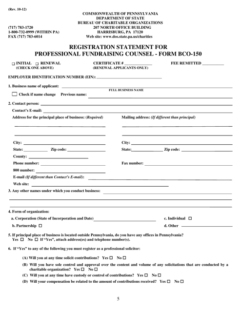 Form BCO-150 Registration Statement for Professional Fundraising Counsel - Pennsylvania