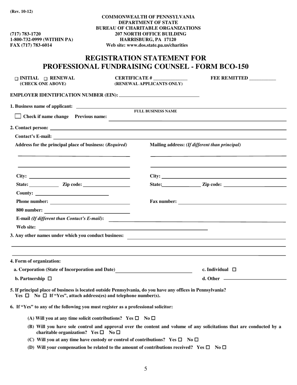 Form BCO-150 Registration Statement for Professional Fundraising Counsel - Pennsylvania, Page 1