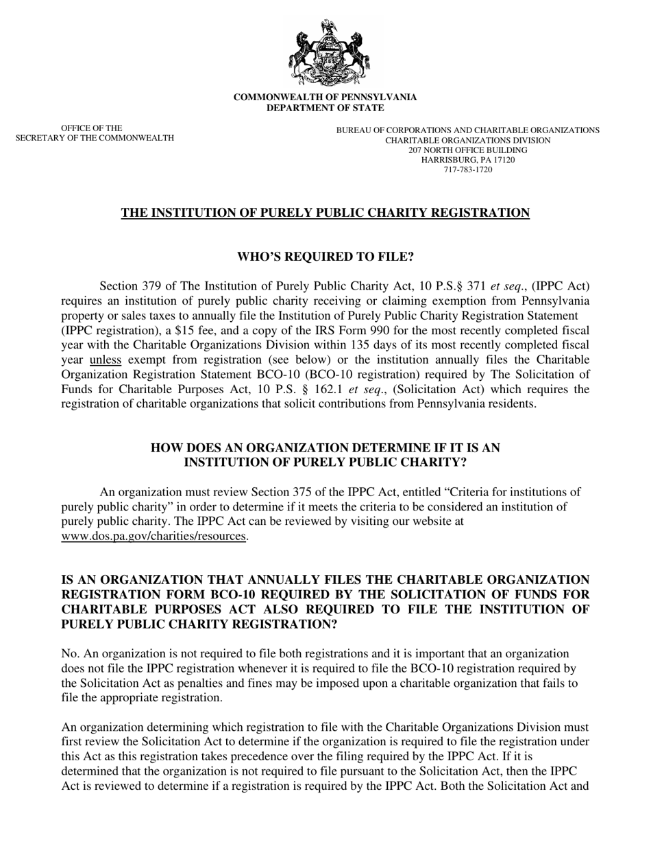 Institution of Purely Public Charity Registration Statement - Pennsylvania, Page 1