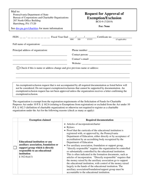 Form BCO-9 Request for Approval of Exemption/Exclusion - Pennsylvania