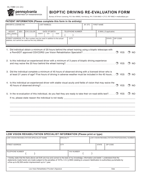 Form DL-72BD Bioptic Driving Re-evaluation Form - Pennsylvania