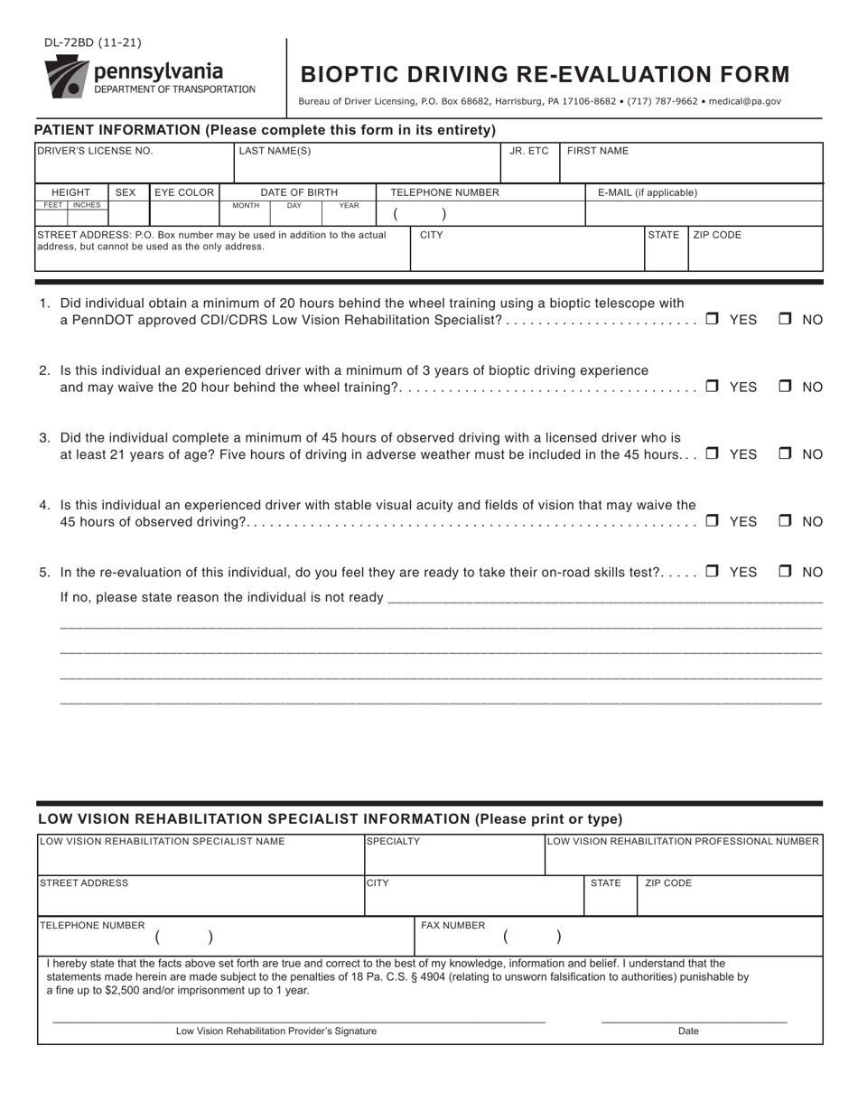 Form DL-72BD Bioptic Driving Re-evaluation Form - Pennsylvania, Page 1