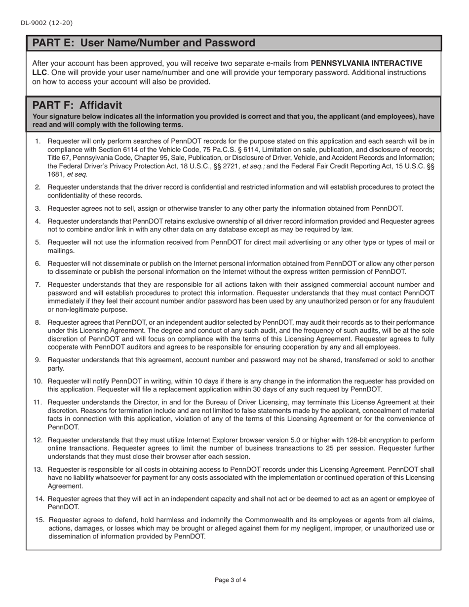 Form DL-9002 Internet User Application / Licensing Agreement for Government Agencies - Pennsylvania, Page 3