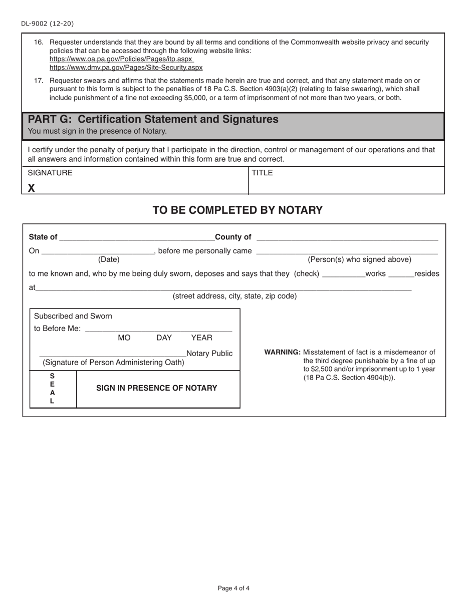 Form DL-9002 Internet User Application / Licensing Agreement for Government Agencies - Pennsylvania, Page 4