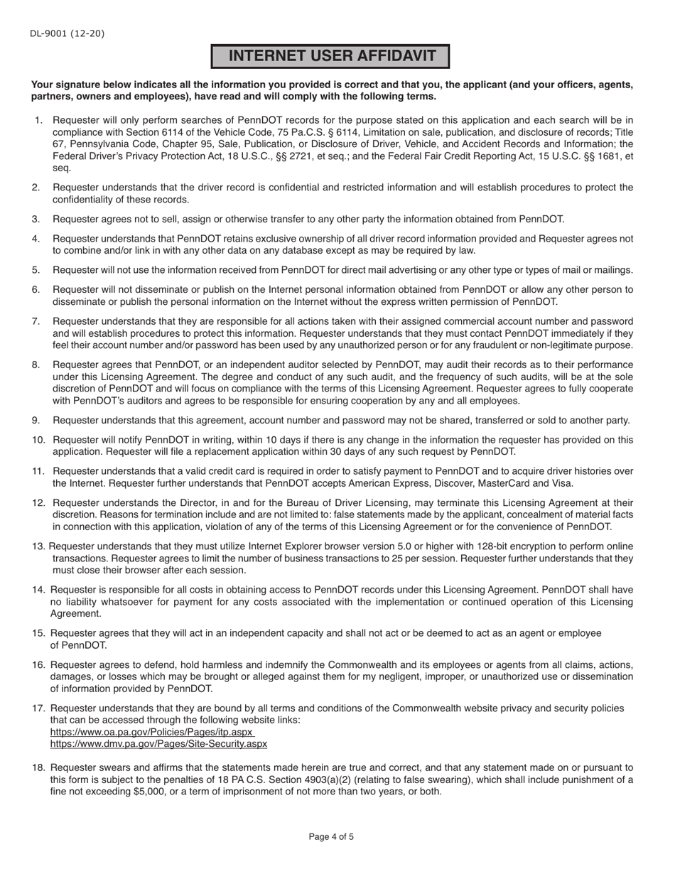 Form DL-9001 Internet User Application / Licensing Agreement - Pennsylvania, Page 4