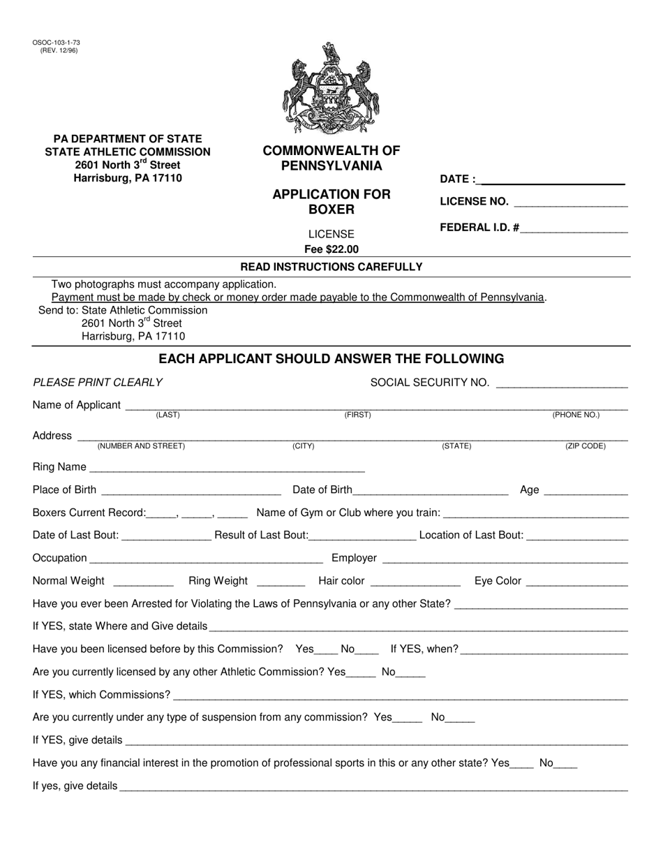 Form OSOC-103-1-73 Application for Boxer License - Pennsylvania, Page 1