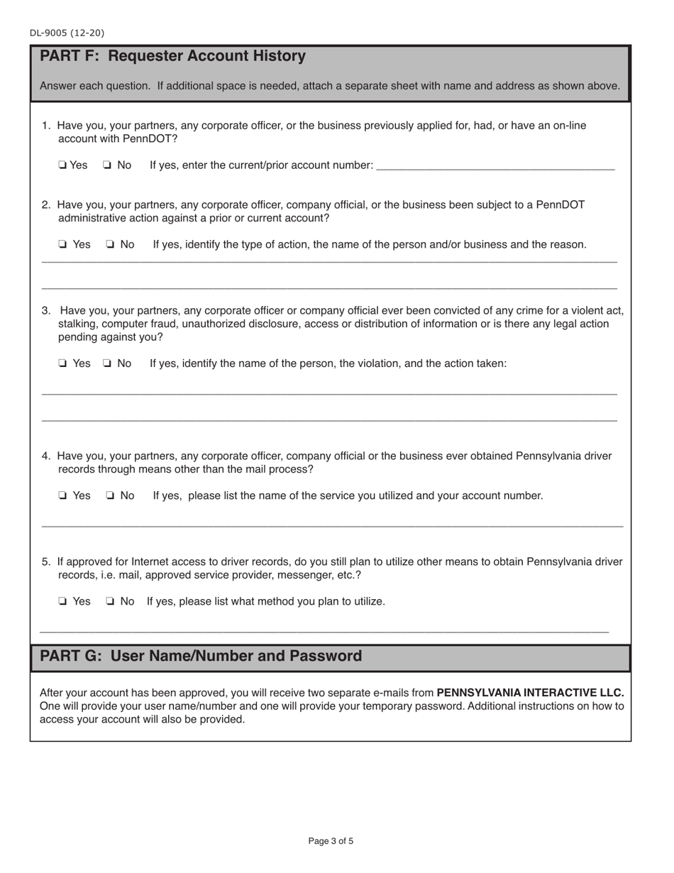 Form DL-9005 Internet User Application / Licensing Agreement for School Bus Contractors - Pennsylvania, Page 3