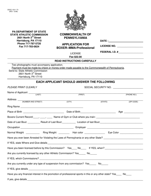 Form OSOC-103-1-73 Application for Boxer-Mma-Professional License - Pennsylvania