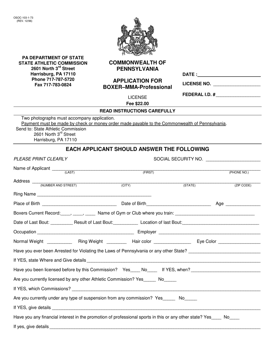 Form OSOC-103-1-73 Application for Boxer-Mma-Professional License - Pennsylvania, Page 1