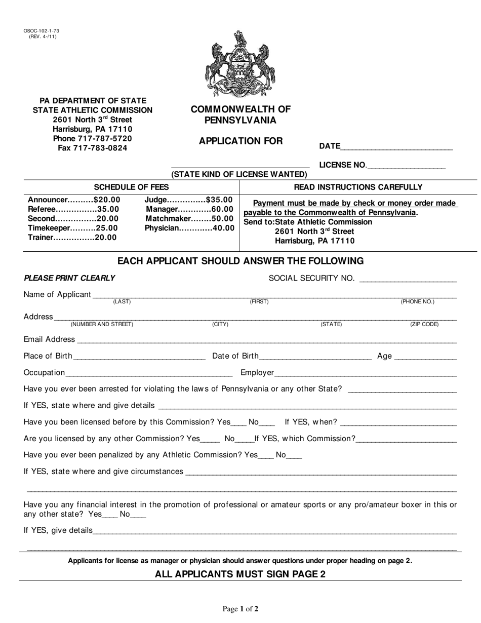 Form OSOC-102-1-73 Application for Manager License - Pennsylvania, Page 1