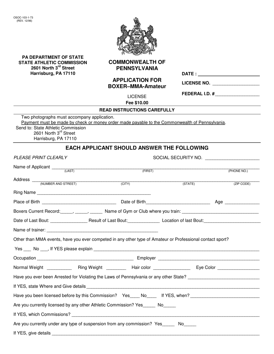 Form OSOC-103-1-73 Application for Boxer-Mma-Amateur License - Pennsylvania, Page 1