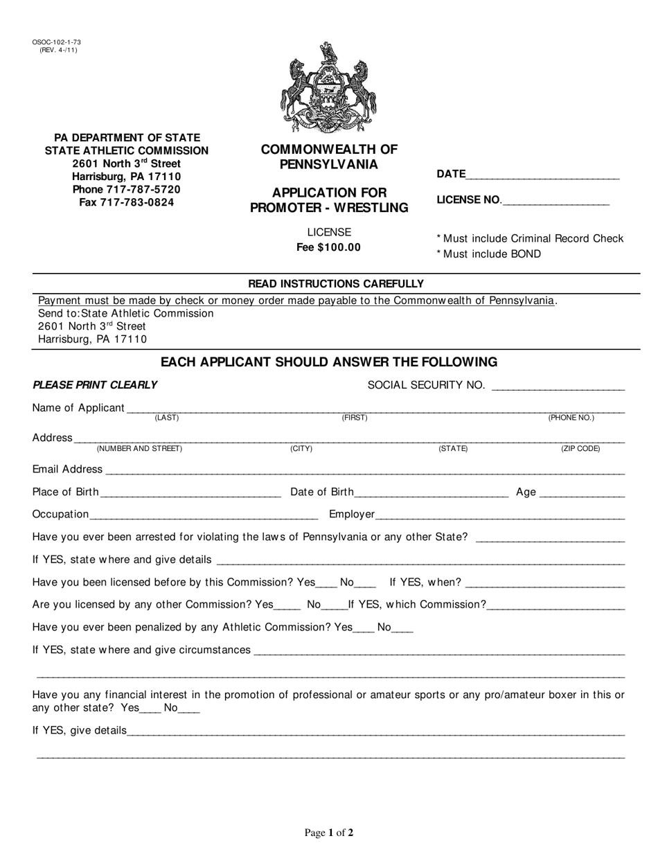 Form OSOC-102-1-73 Application for Promoter - Wrestling License - Pennsylvania, Page 1