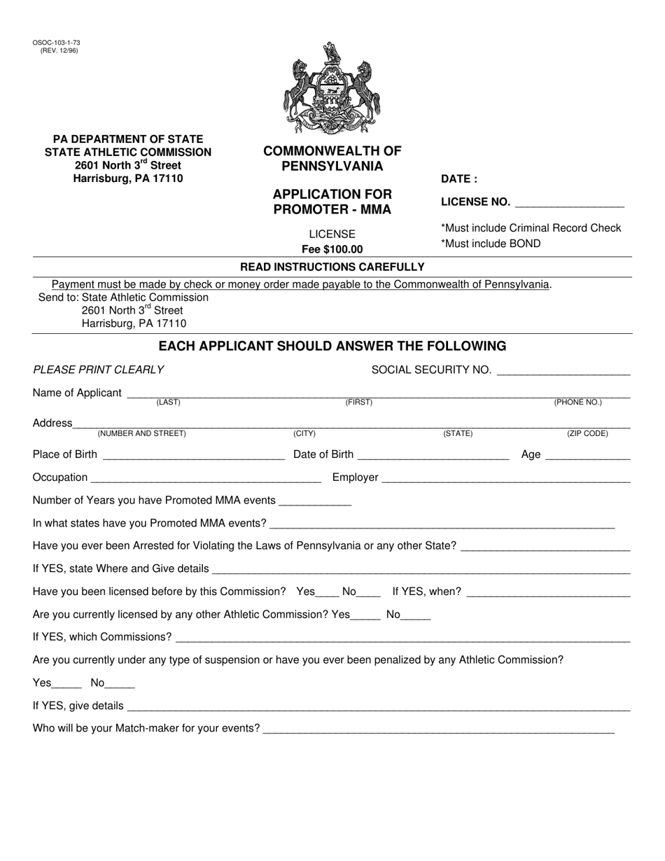 Form OSOC-103-1-73 Application for Promoter License - Mma - Pennsylvania, Page 1