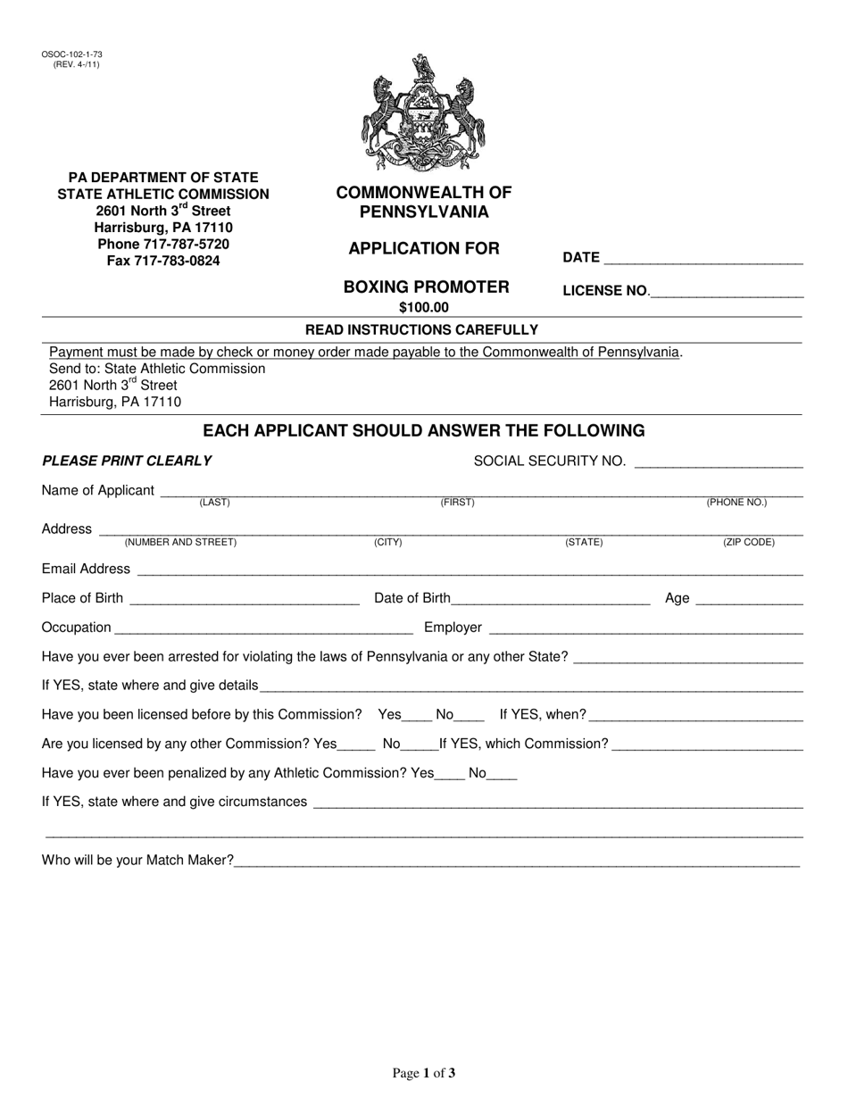 Form OSOC-102-1-73 Application for Boxing Promoter License - Pennsylvania, Page 1