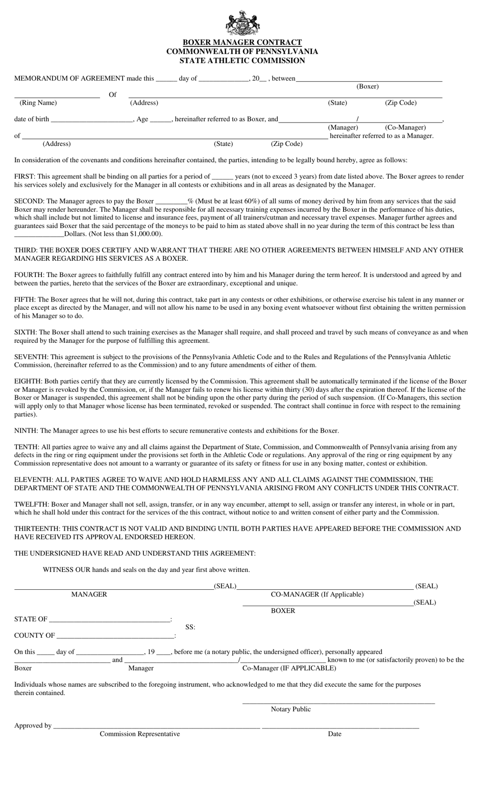 Boxer Manager Contract - Pennsylvania, Page 1