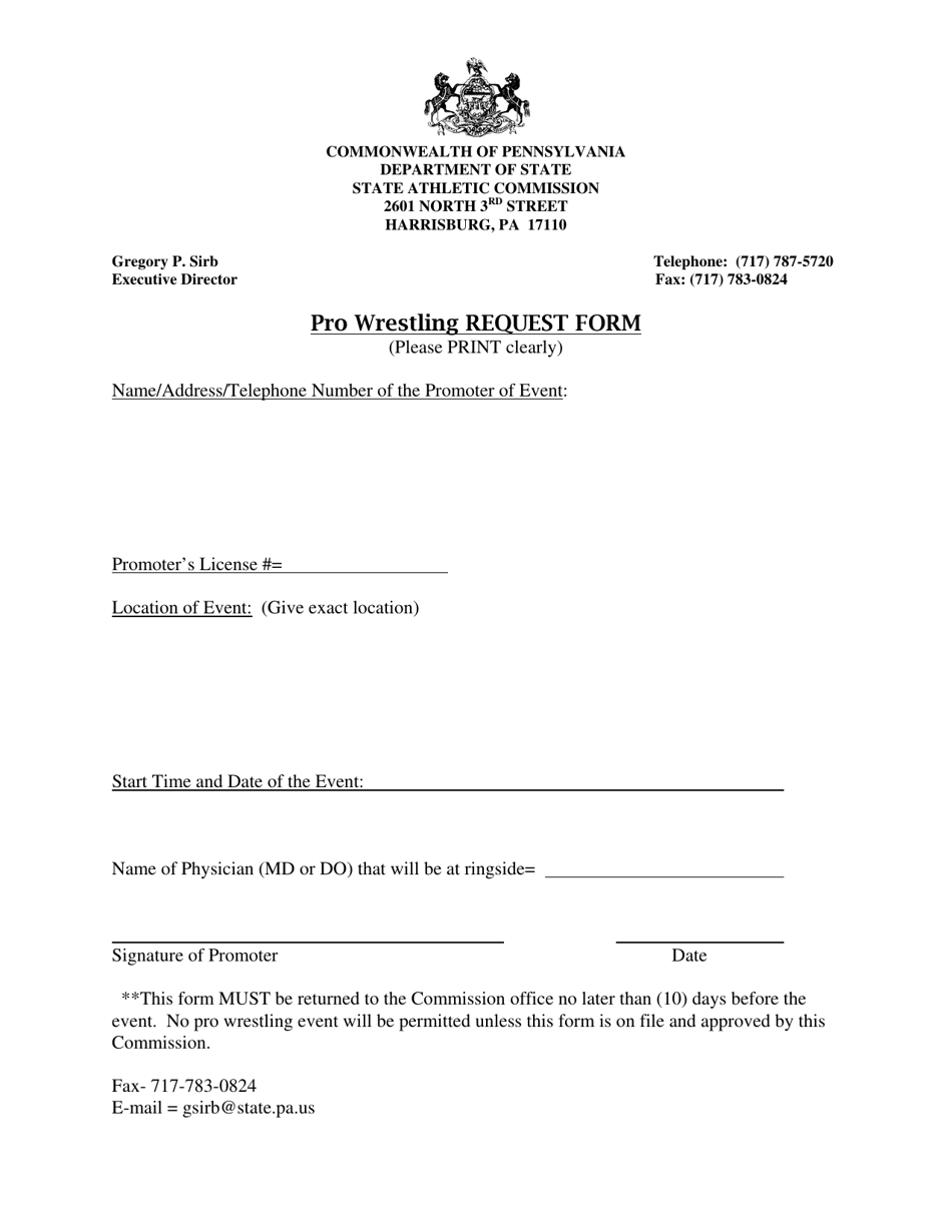 Pro Wrestling Event Request Form - Pennsylvania, Page 1