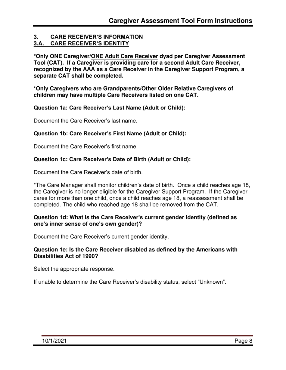 Instructions for Caregiver Assessment Tool (Cat) - Pennsylvania, Page 8