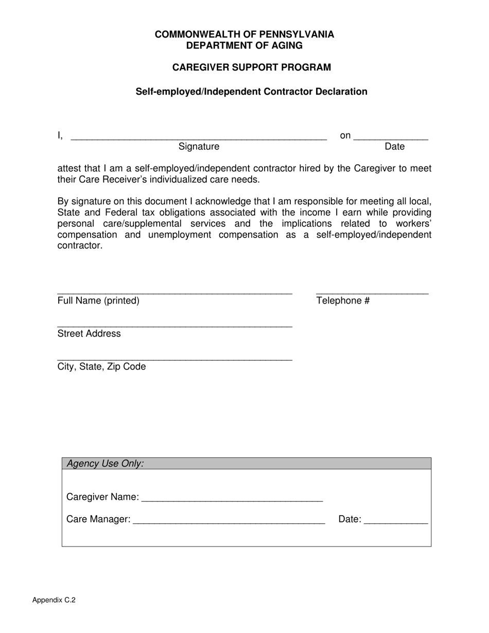 Appendix C.2 Self-employed / Independent Contractor Declaration - Caregiver Support Program - Pennsylvania, Page 1