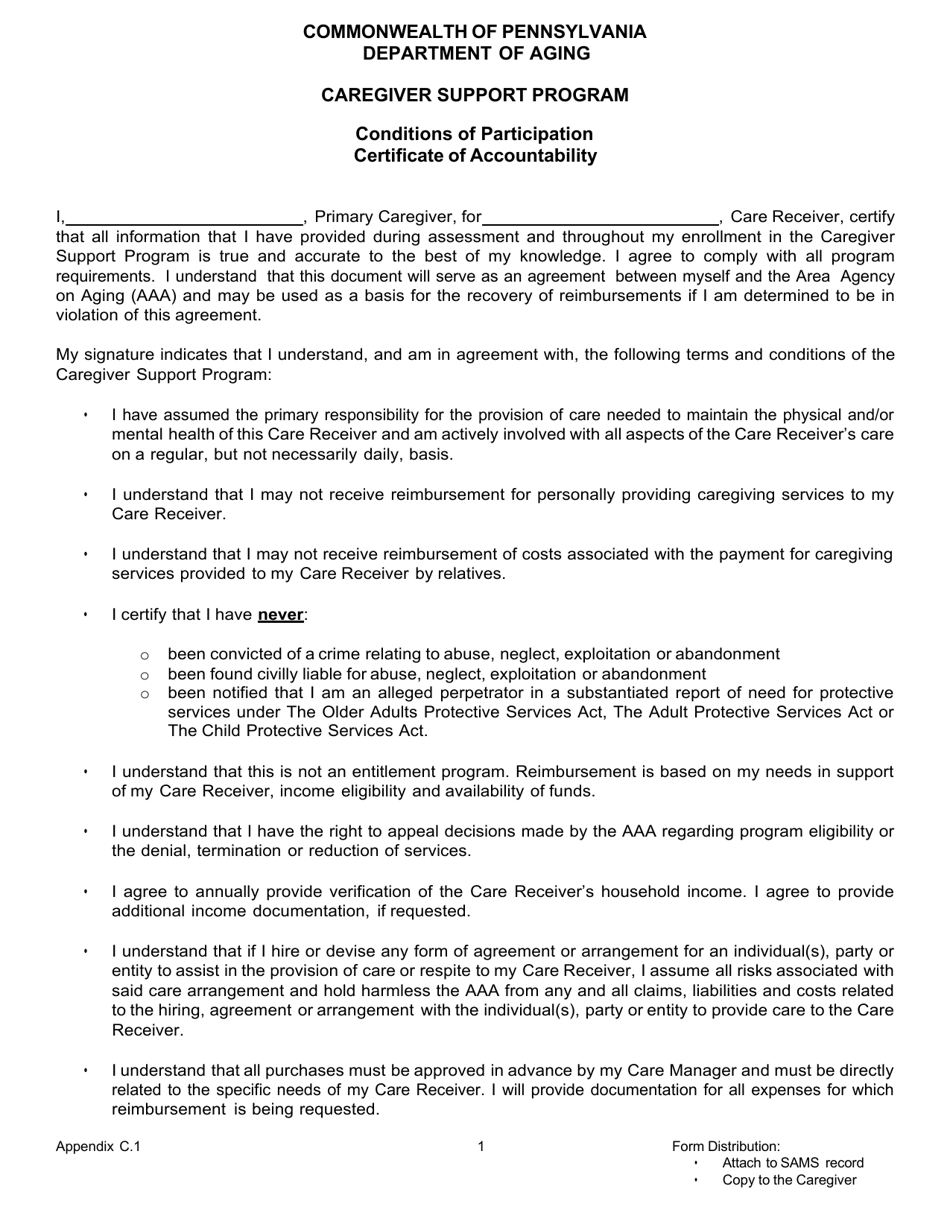 Appendix C.1 Conditions of Participation / Certificate of Accountability - Caregiver Support Program - Pennsylvania, Page 1