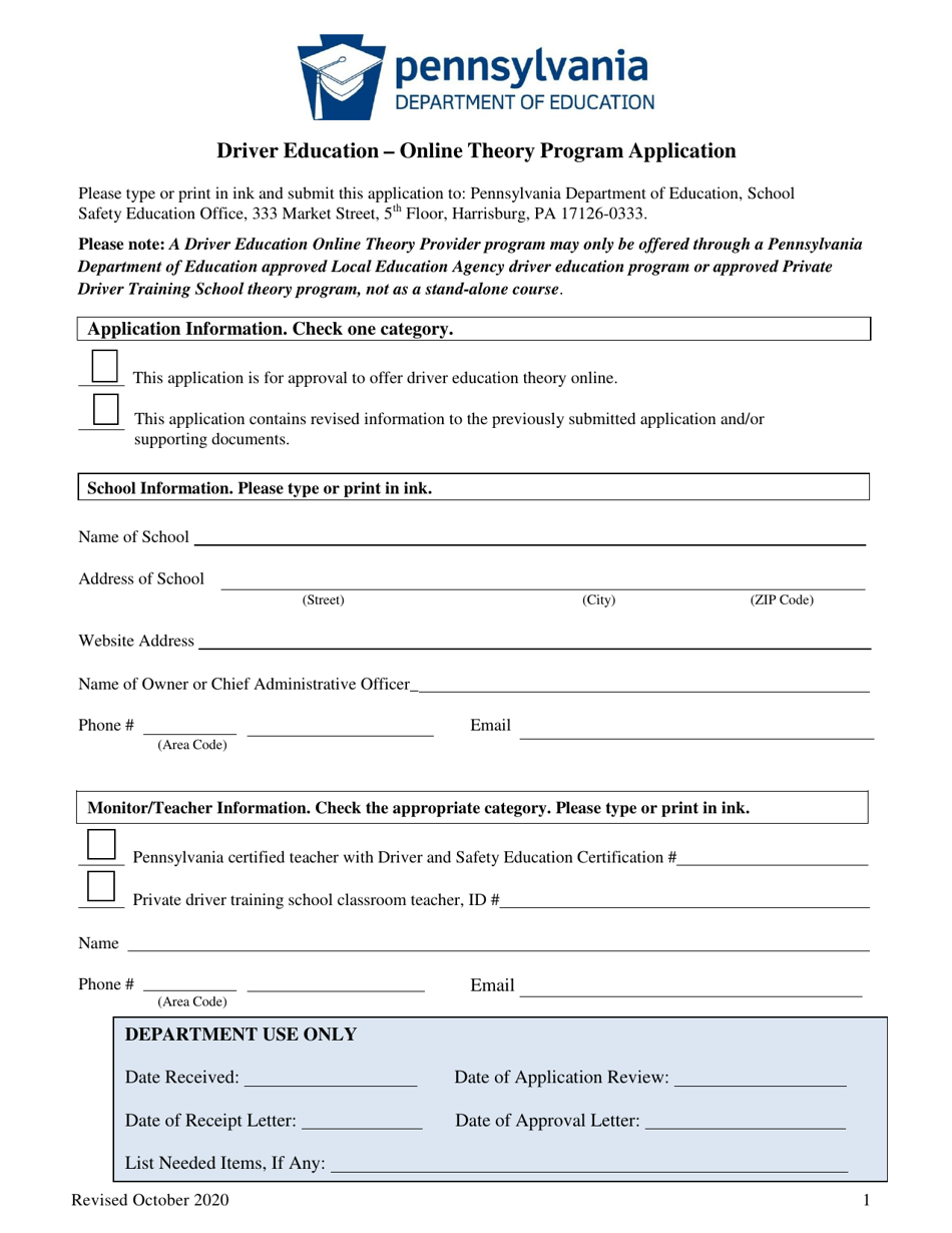 Driver Education - Online Theory Program Application - Pennsylvania, Page 1